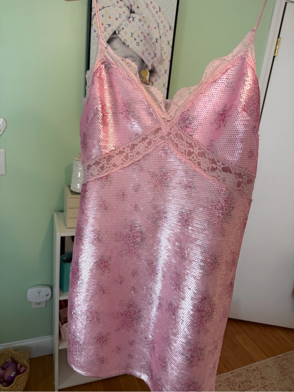 Pink Sequin Lace-Trim Slip Dress love shack fancy - Women Intimates & Sleepwear